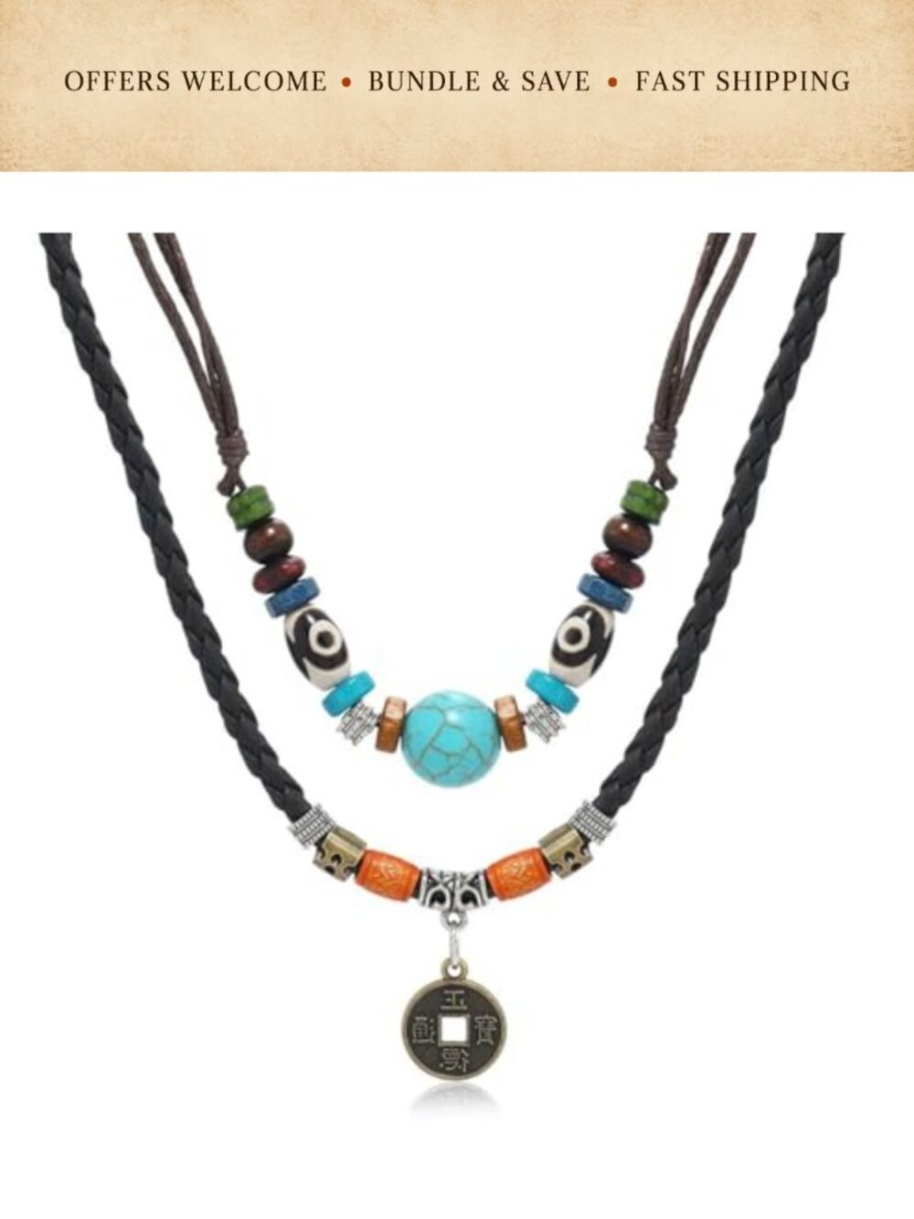 Layered Leather Turquoise Bead Coin Choker Necklace Western Boho